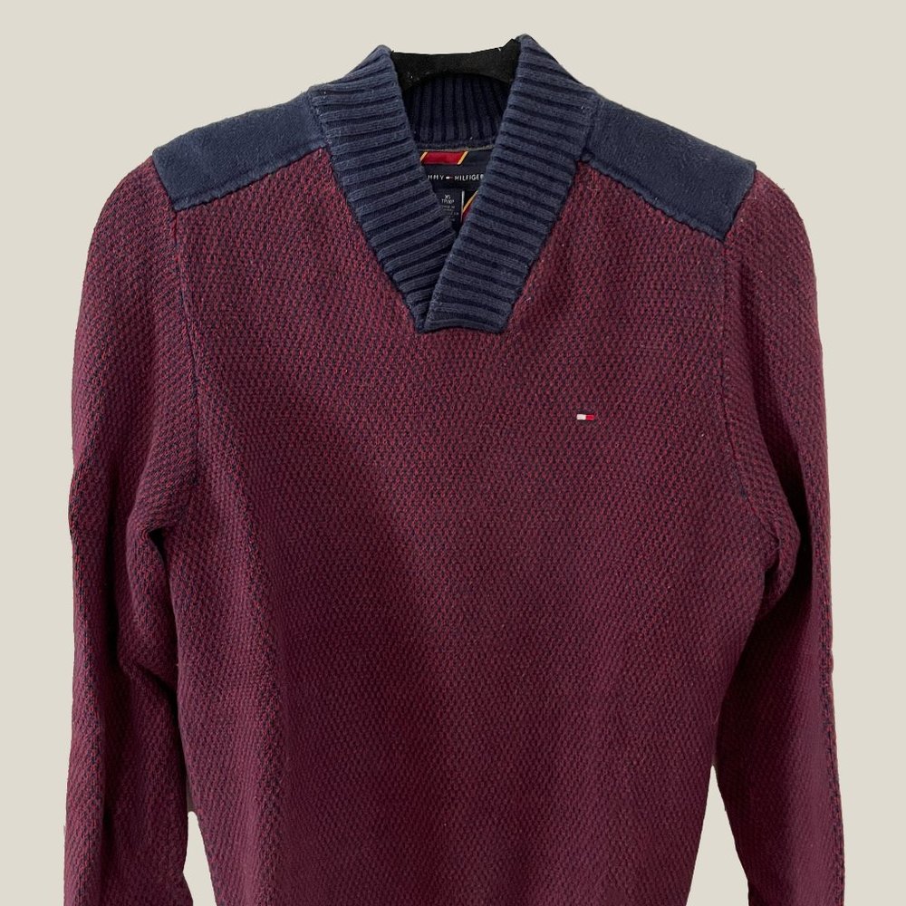 SALE XS TOMMY HILFIGER MAROON RED NAVY BLUE BIRDSEYE SHAWL NECK SWEATER